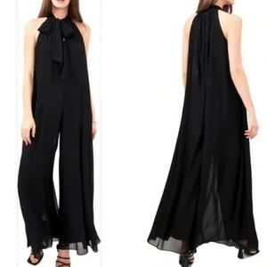1. State Sleeveless Tie Neck Halter Wide Leg Flowy Black Jumpsuit size large